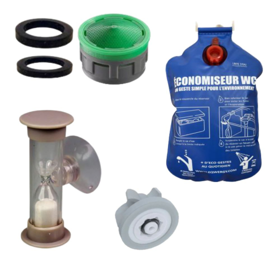 Pack eau complet : 1 robinet + 1 douche + 1 sac WC + 1 sablier de douche