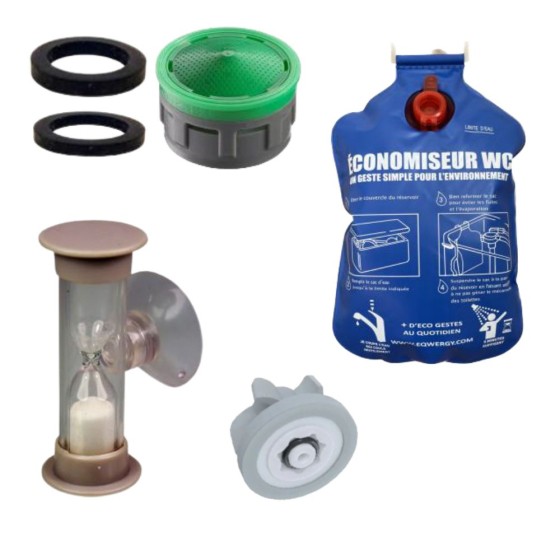 Pack eau complet : 1 robinet + 1 douche + 1 sac WC + 1 sablier de douche