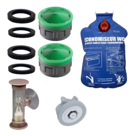 Pack eau complet : 2 robinets + 1 douche + 1 sac WC + 1 sablier de douche