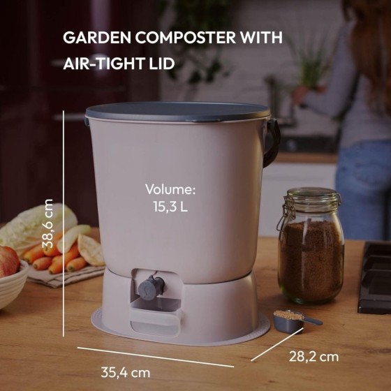 Composteur Bokashi Essential + base – 15,3 L – Gris clair – Activateur inclus