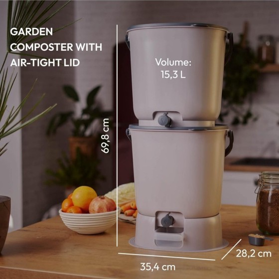 Lot de 2 composteurs Bokashi Essential + base – 15,3 L – Gris clair – Activateur