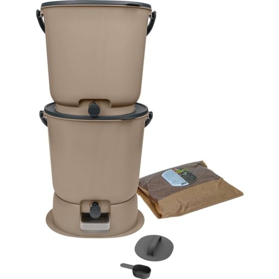 Lot de 2 composteurs Bokashi Essential + base – 15,3 L – Cappuccino – Activateur