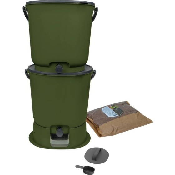 Lot de 2 composteurs Bokashi Essential + base – 15,3 L – Olive – Activateur incl