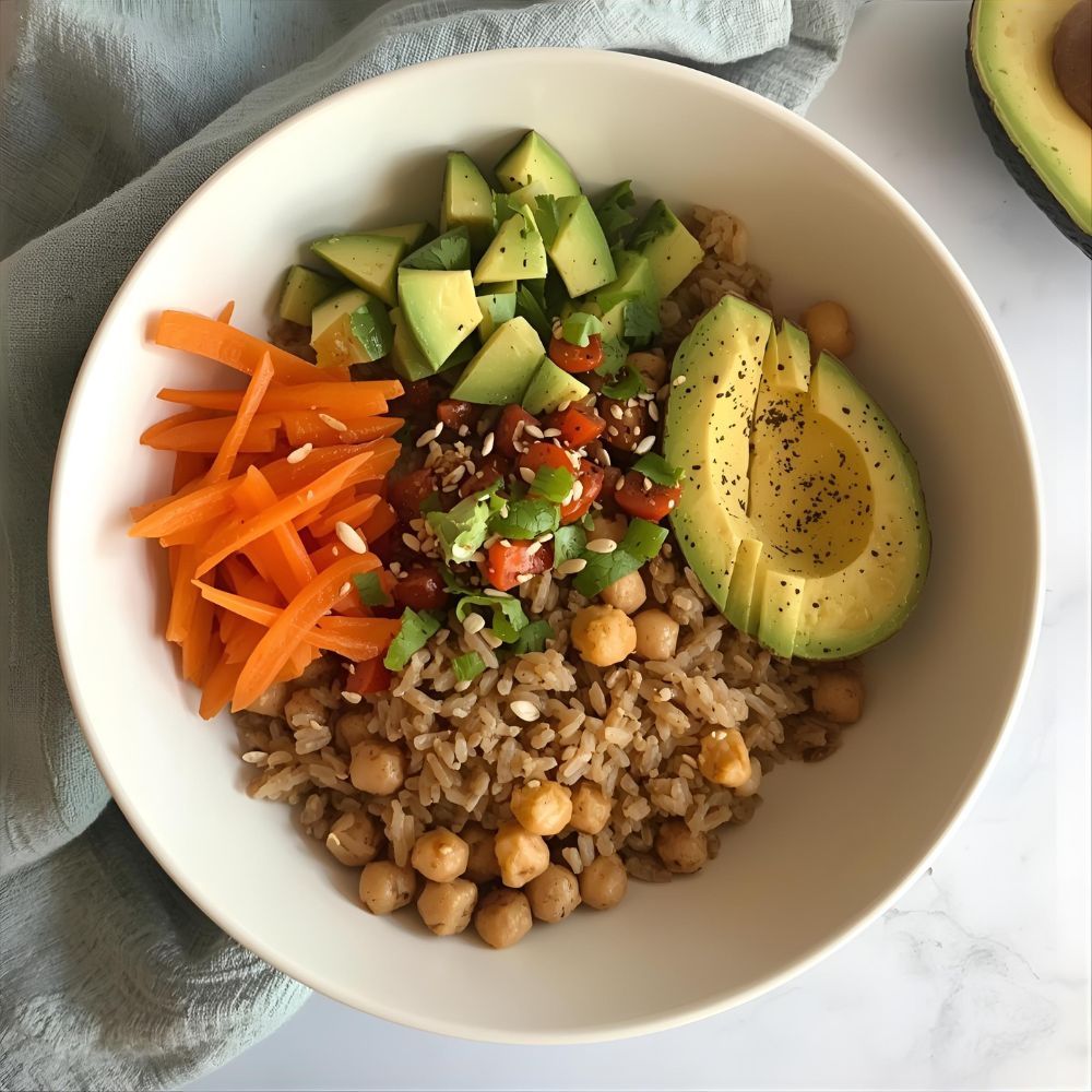 Bowl au riz complet, pois chiches et légumes