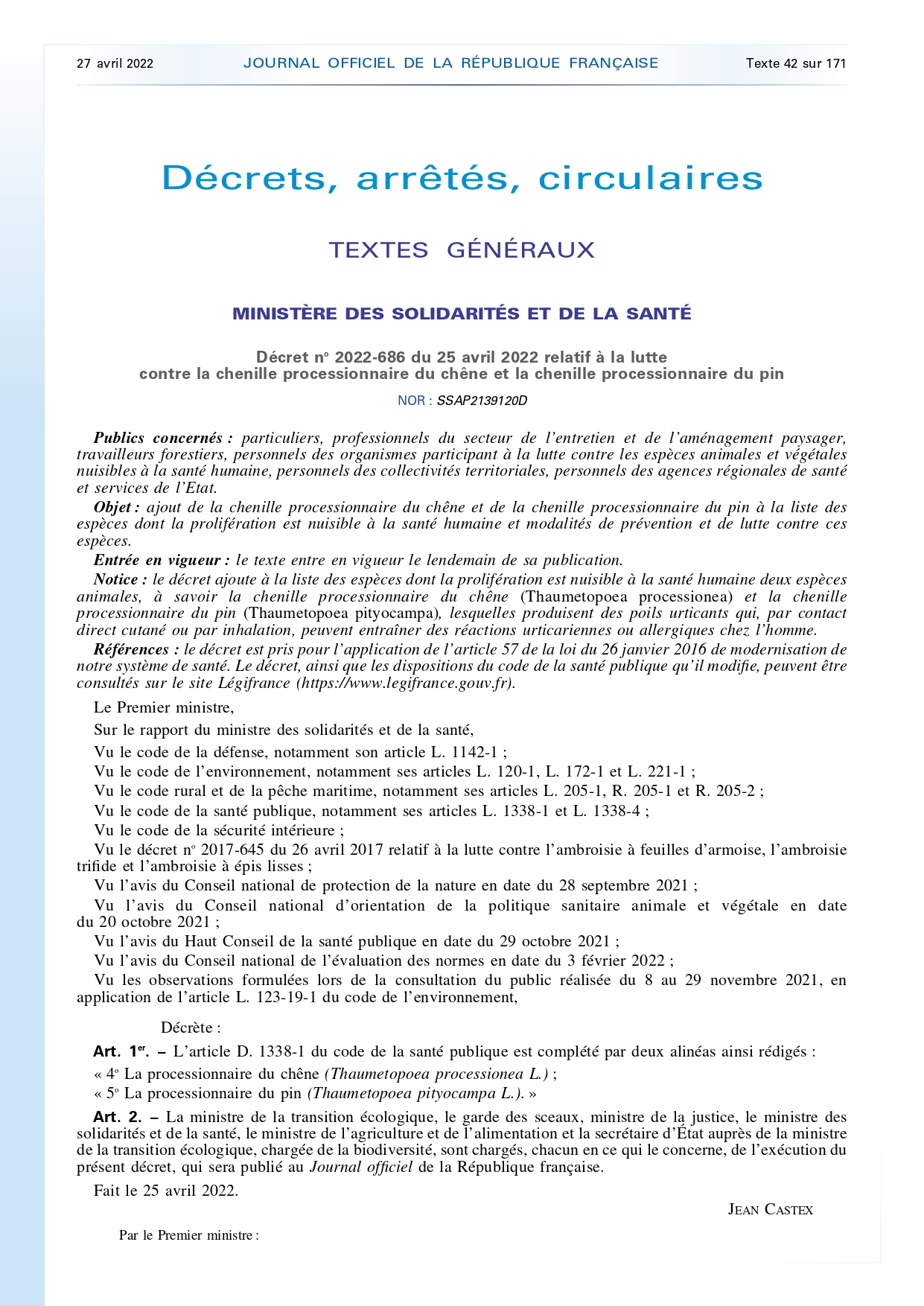 Décret 2022-686 contre la chenille processionnaire du pin