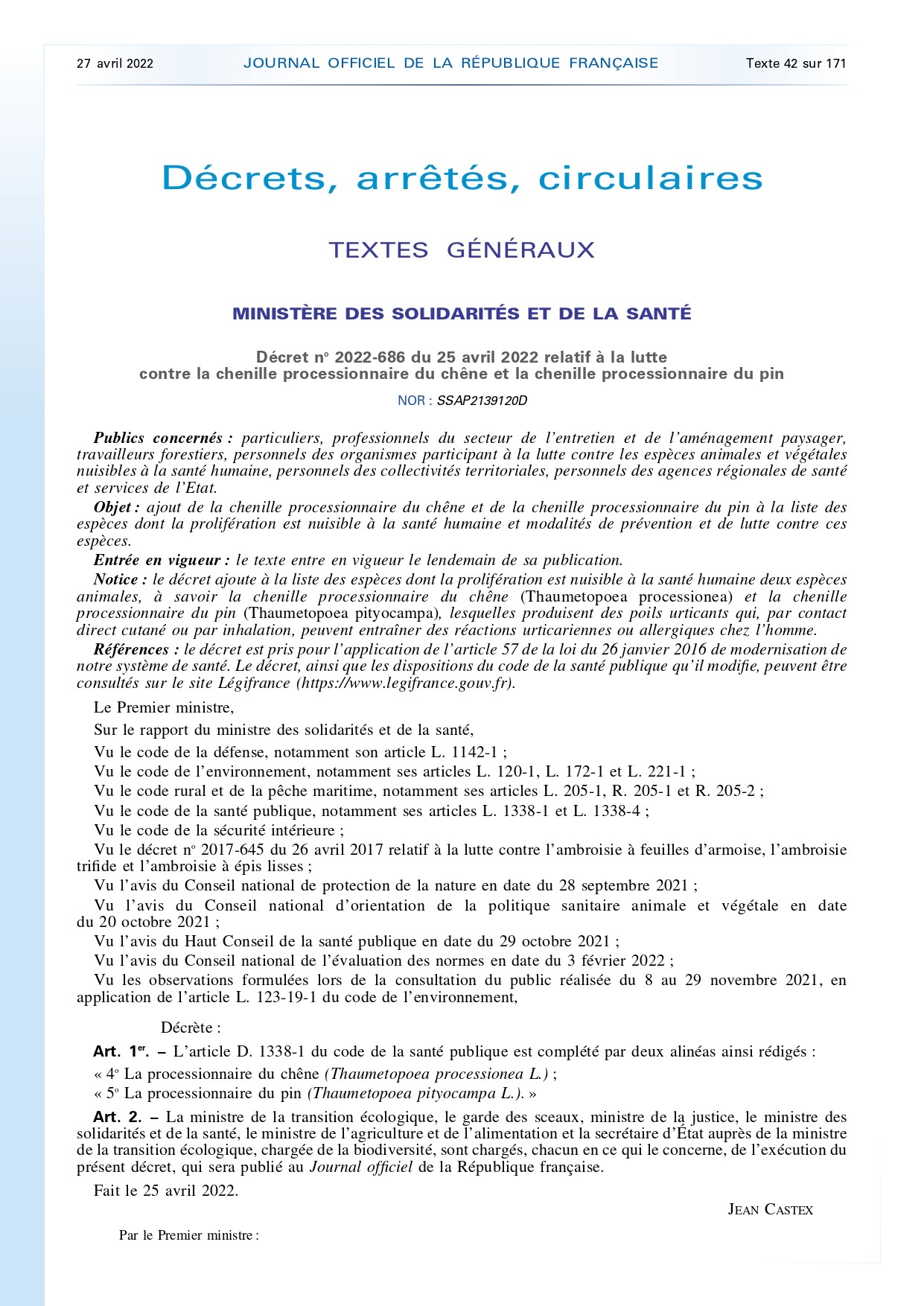 Décret 2022-686 contre la chenille processionnaire du pin